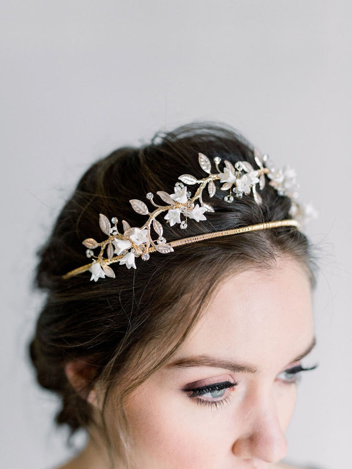 BoHo Gold Floral Tiara For Bride, Gold Wedding Headpiece With Porcelain Flowers and Freshwater Pearls - gold wire, head band, clay flowers, rhinestones, metal leaves, freshwater pearls