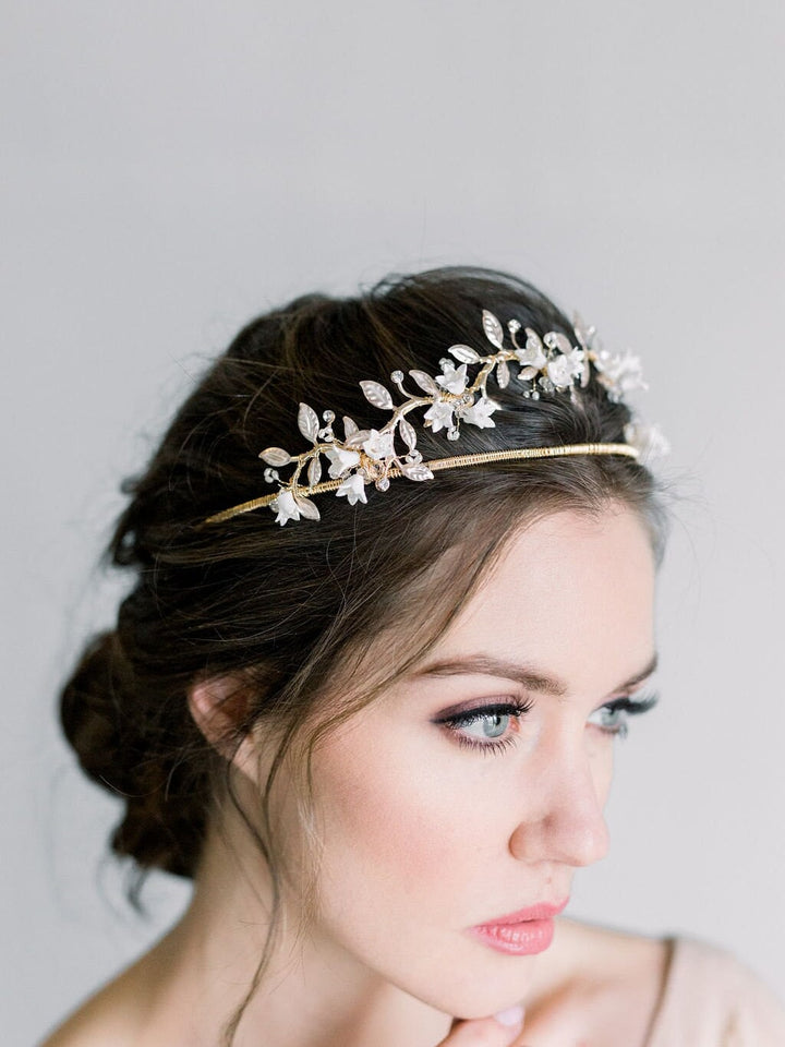 BoHo Gold Floral Tiara For Bride, Gold Wedding Headpiece With Porcelain Flowers and Freshwater Pearls - gold wire, head band, clay flowers, rhinestones, metal leaves, freshwater pearls