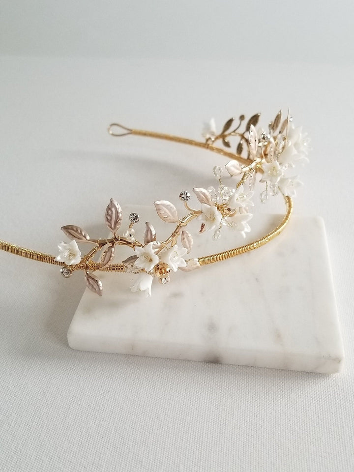 BoHo Gold Floral Tiara For Bride, Gold Wedding Headpiece With Porcelain Flowers and Freshwater Pearls - gold wire, head band, clay flowers, rhinestones, metal leaves, freshwater pearls