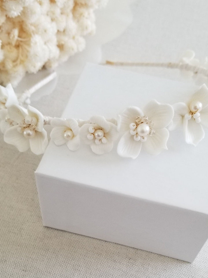 Porcelain Flower Bridal Headband, Floral Wedding Headpiece For Bride, Pearl Flower Bridal Hair Accessory - porcelain flowers, metal head band, freshwater pearls, seed beads, crystals, pure silk ribbon, wire