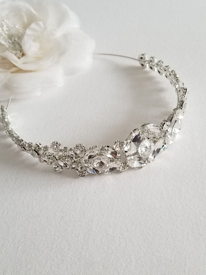 Crystal Wedding Headpiece, Rhinestone Bridal Ribbon Headband, Silver Rhinstone Wedding Hairpiece for Bride or Grad - rhinestone headband, satin ribbon