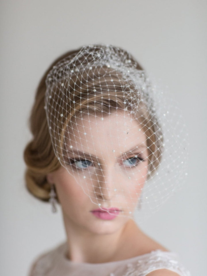 Wedding Beaded Birdcage Veil, Birdcage Veil with scattered Crystals and Pearls, Bridal Veil, Wedding veil, Wedding Birdcage - metal comb, flat back pearls, flat back crystal rhinestones, veil netting