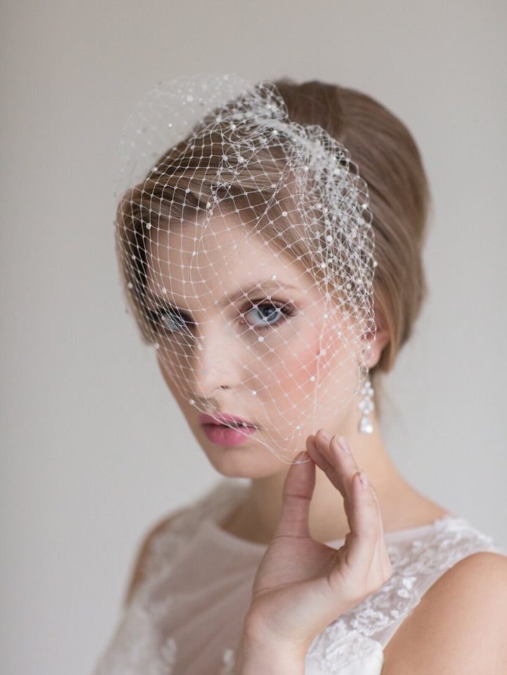 Wedding Beaded Birdcage Veil, Birdcage Veil with scattered Crystals and Pearls, Bridal Veil, Wedding veil, Wedding Birdcage - metal comb, flat back pearls, flat back crystal rhinestones, veil netting