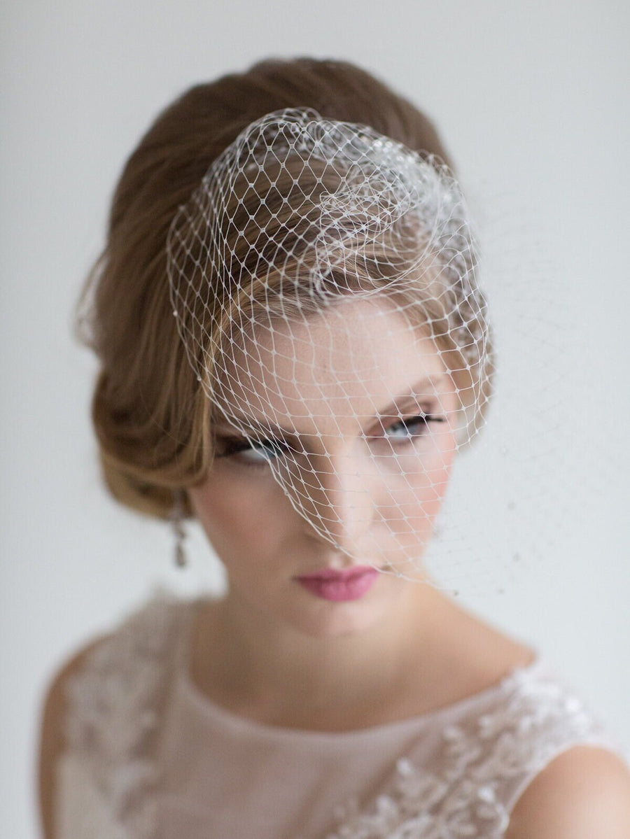 Birdcage Veil with Cubic Zirconia Comb, Bridal Birdcage Veil with Rhinestone Edge, Beaded Birdcage Veil For Bride - thread, cubic zirconia comb, crystal rhinestones, veil netting