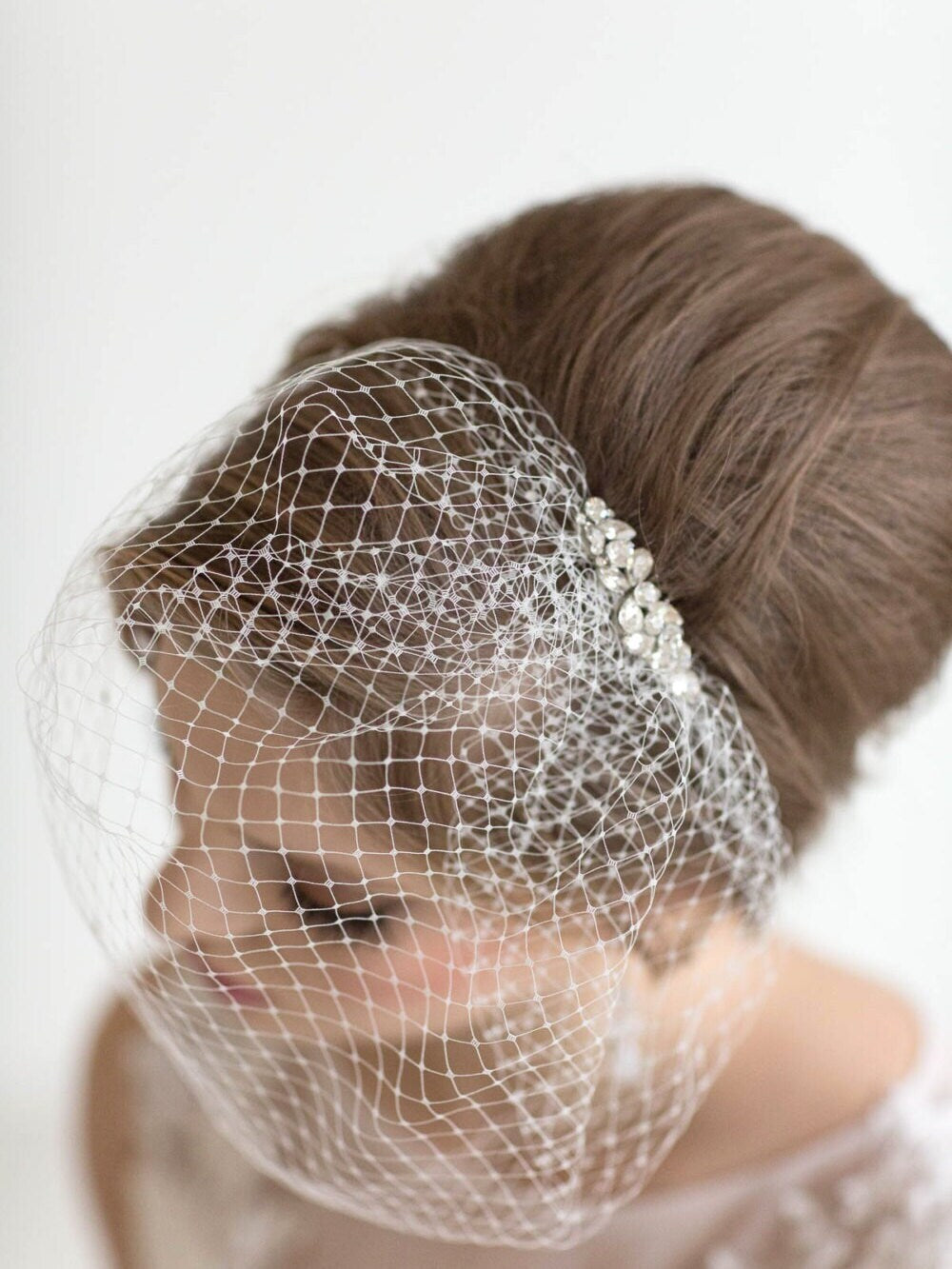 Birdcage Veil with Cubic Zirconia Comb, Bridal Birdcage Veil with Rhinestone Edge, Beaded Birdcage Veil For Bride - thread, cubic zirconia comb, crystal rhinestones, veil netting