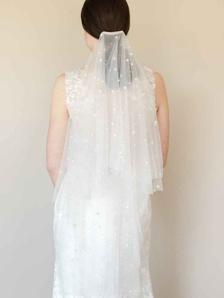 Ivory Wedding Veil with Pearls, Two Tier Bridal Veil with Scattered Pearls, Fingertip Length Wedding Veil - pearls, gold comb, tulle