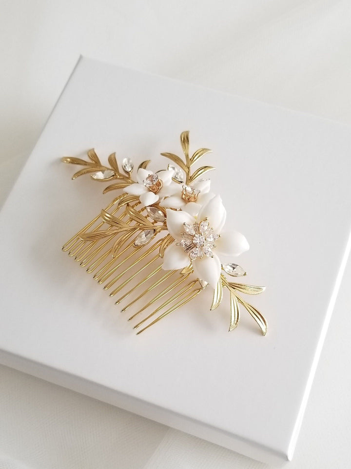 Gold Leaf Bridal Hair Comb with Porcelain Flowers, Floral Wedding Hairpiece, Gold Floral Comb For Bride - gold leaves, porcelain flowers, rhinestones, cubic zirconias, wire, 18kt gold plated metal comb