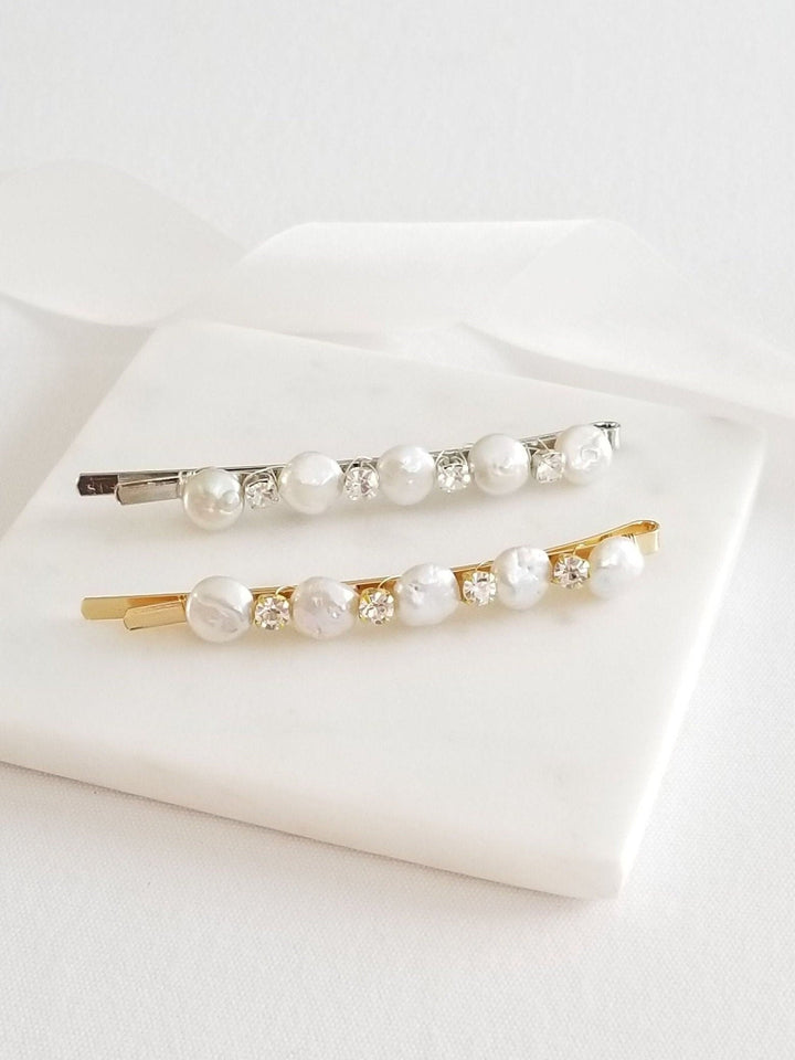 Pearl Wedding Hair Clip, Freshwater Pearl Rhinestone Bobby Pin, Pearl Bridal Bobby Pin, Bridal Crystal Pearl Hair Clip - rhinestones, bobby pin, freshwater pearls, wire