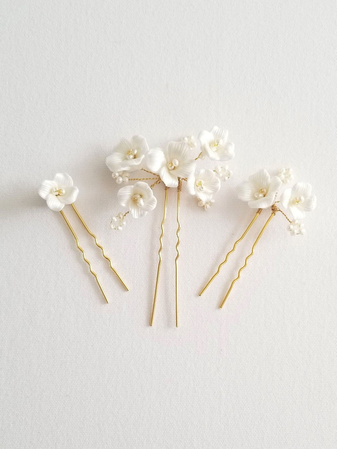 Wedding Hair Pin with Porcelain Flowers, Floral Bridal Hair Pins, Freshwater Pearl Flower Hair Pins For Bride - metal hair pin, wire, seed beads, freshwater pearls, porcelain flowers