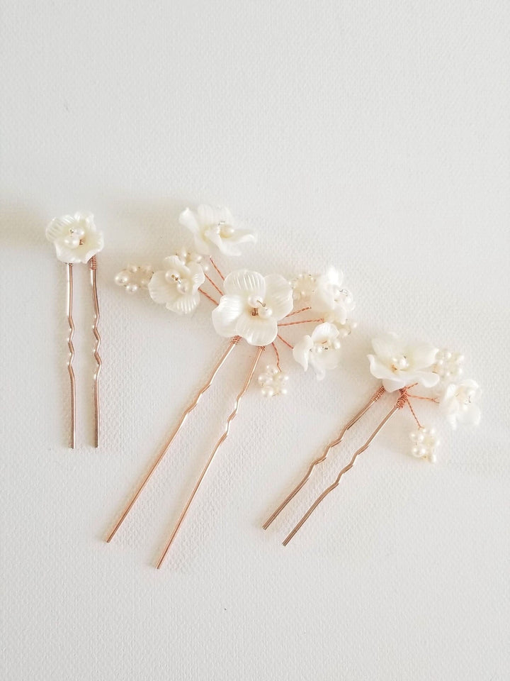 Wedding Hair Pin with Porcelain Flowers, Floral Bridal Hair Pins, Freshwater Pearl Flower Hair Pins For Bride - metal hair pin, wire, seed beads, freshwater pearls, porcelain flowers