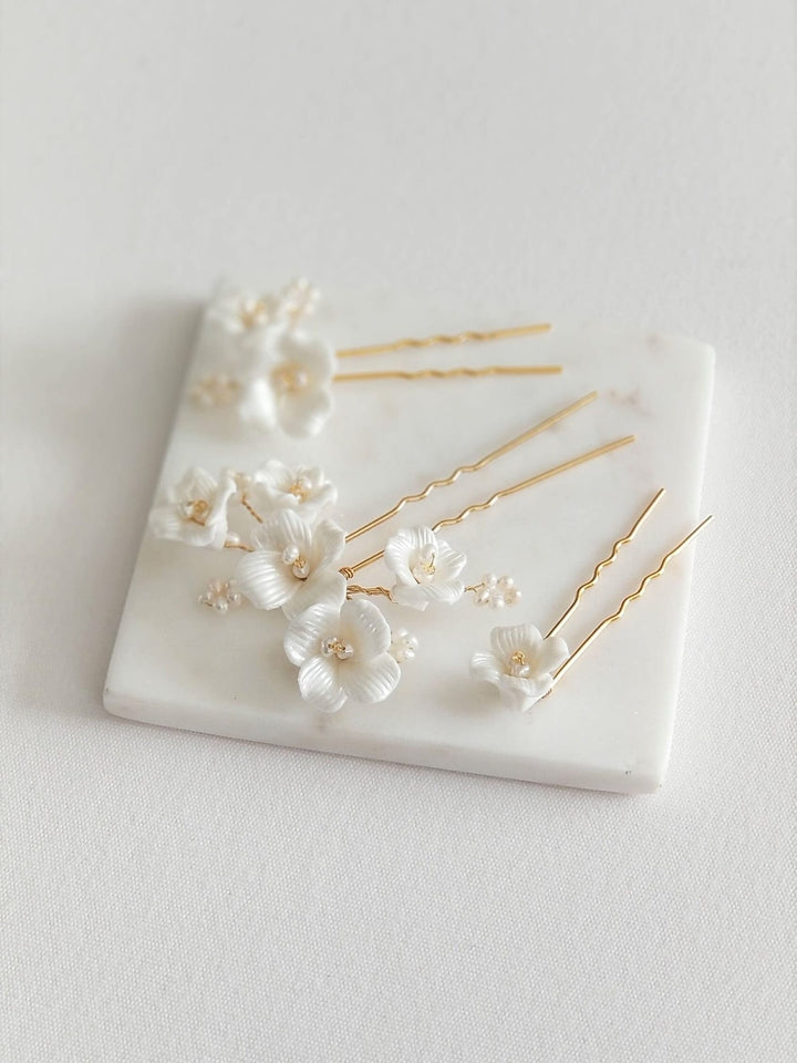 Wedding Hair Pin with Porcelain Flowers, Floral Bridal Hair Pins, Freshwater Pearl Flower Hair Pins For Bride - metal hair pin, wire, seed beads, freshwater pearls, porcelain flowers