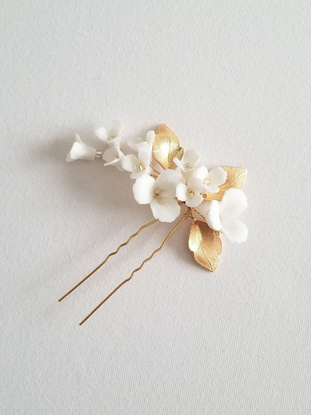 Floral Wedding Hair Pin with Porcelain Flowers, Floral Bridal Hair Pin, Gold Floral Hair Pin For Bride - metal hair pin, wire, seed beads, porcelain flowers