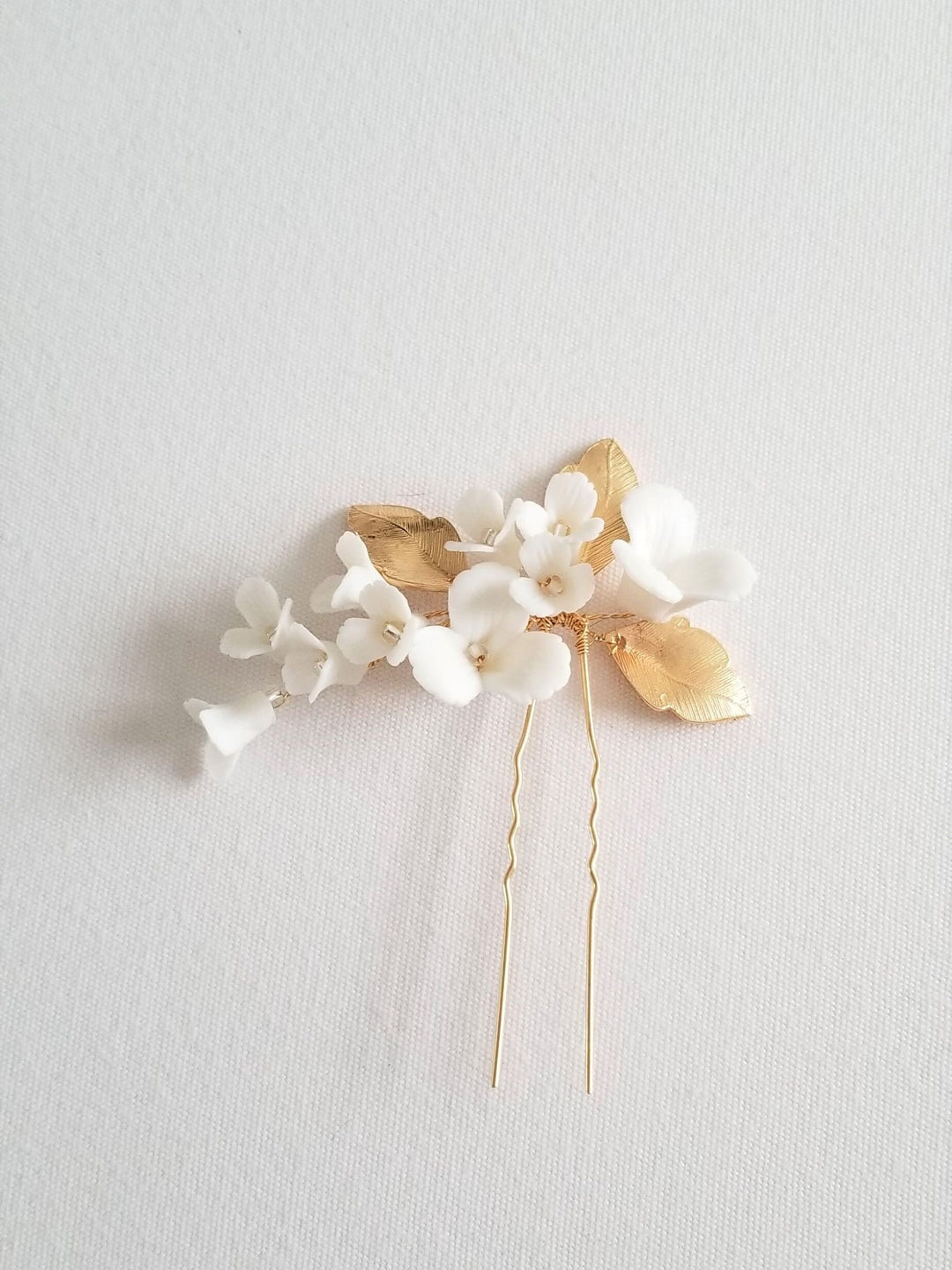 Floral Wedding Hair Pin with Porcelain Flowers, Floral Bridal Hair Pin, Gold Floral Hair Pin For Bride - metal hair pin, wire, seed beads, porcelain flowers