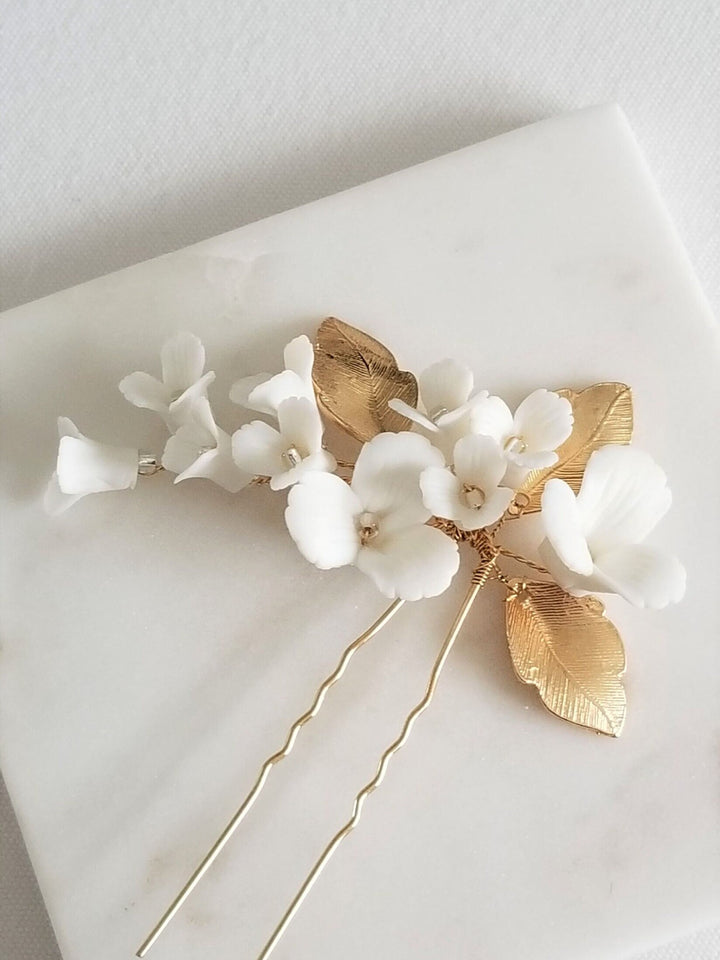 Floral Wedding Hair Pin with Porcelain Flowers, Floral Bridal Hair Pin, Gold Floral Hair Pin For Bride - metal hair pin, wire, seed beads, porcelain flowers