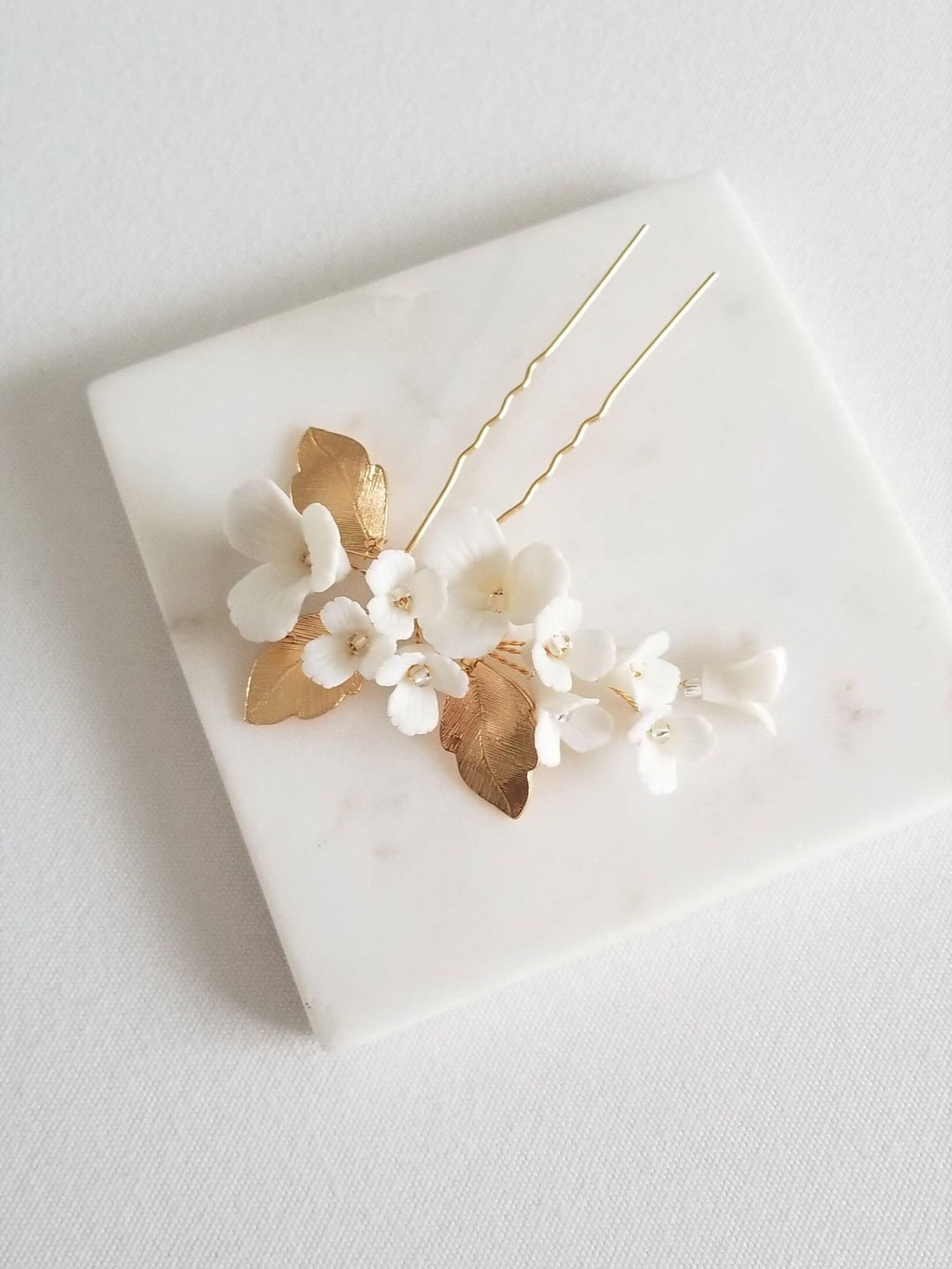 Floral Wedding Hair Pin with Porcelain Flowers, Floral Bridal Hair Pin, Gold Floral Hair Pin For Bride - metal hair pin, wire, seed beads, porcelain flowers