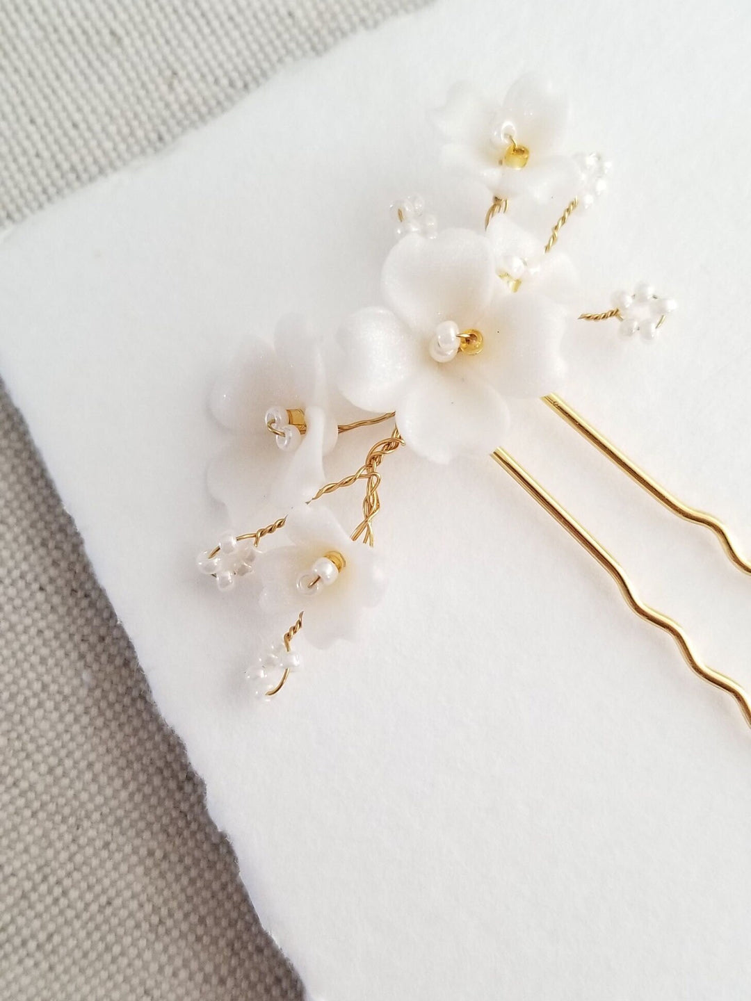 Gold Wedding Hair Pin with Clay Flowers, Floral Bridal Hair Pins, Polymer Clay Flower Hair Pin - metal hair pin, wire, seed beads, polymer clay flowers