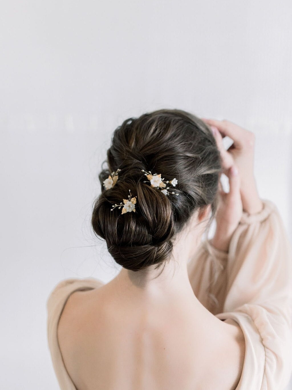 Wedding Hair Pins Gold with Clay Flowers, Floral Gold Bridal Hair Pins, Freshwater Pearl Wedding Hair Pins - freshwater pearls, wire, metal leaves, clay flowers, crystals