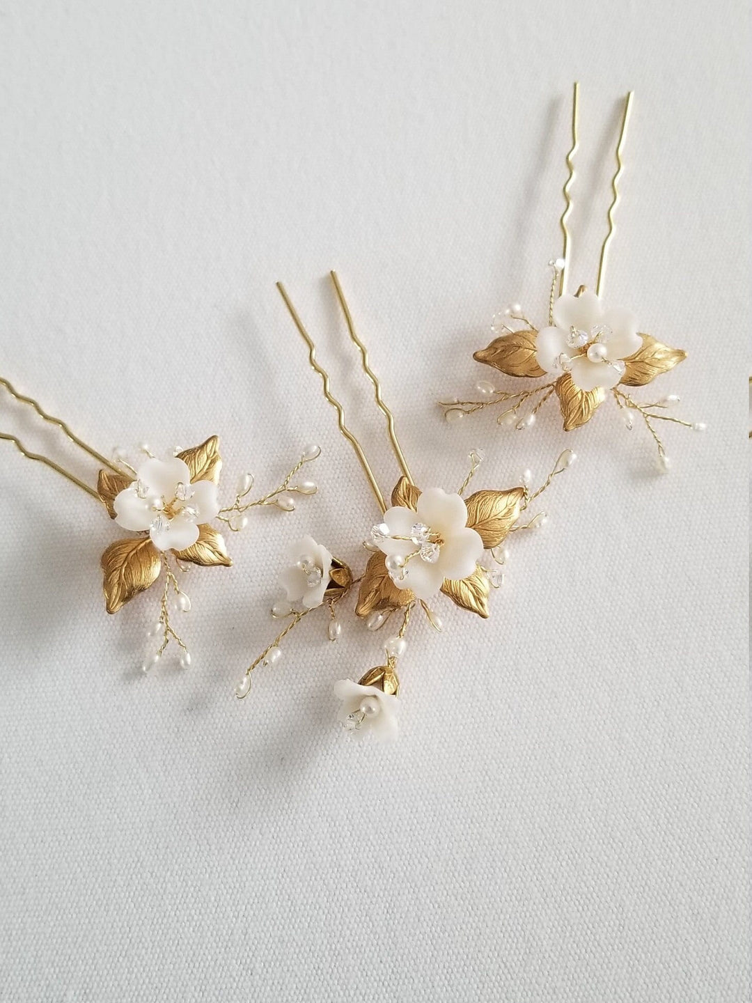 Wedding Hair Pins Gold with Clay Flowers, Floral Gold Bridal Hair Pins, Freshwater Pearl Wedding Hair Pins - freshwater pearls, wire, metal leaves, clay flowers, crystals