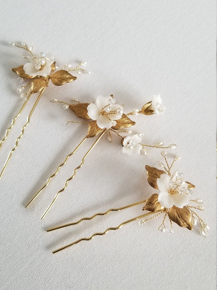 Wedding Hair Pins Gold with Clay Flowers, Floral Gold Bridal Hair Pins, Freshwater Pearl Wedding Hair Pins - freshwater pearls, wire, metal leaves, clay flowers, crystals