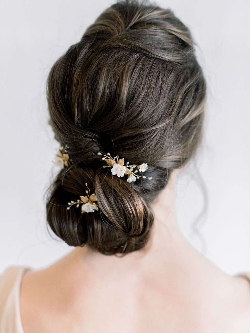 Wedding Hair Pins Gold with Clay Flowers, Floral Gold Bridal Hair Pins, Freshwater Pearl Wedding Hair Pins - freshwater pearls, wire, metal leaves, clay flowers, crystals