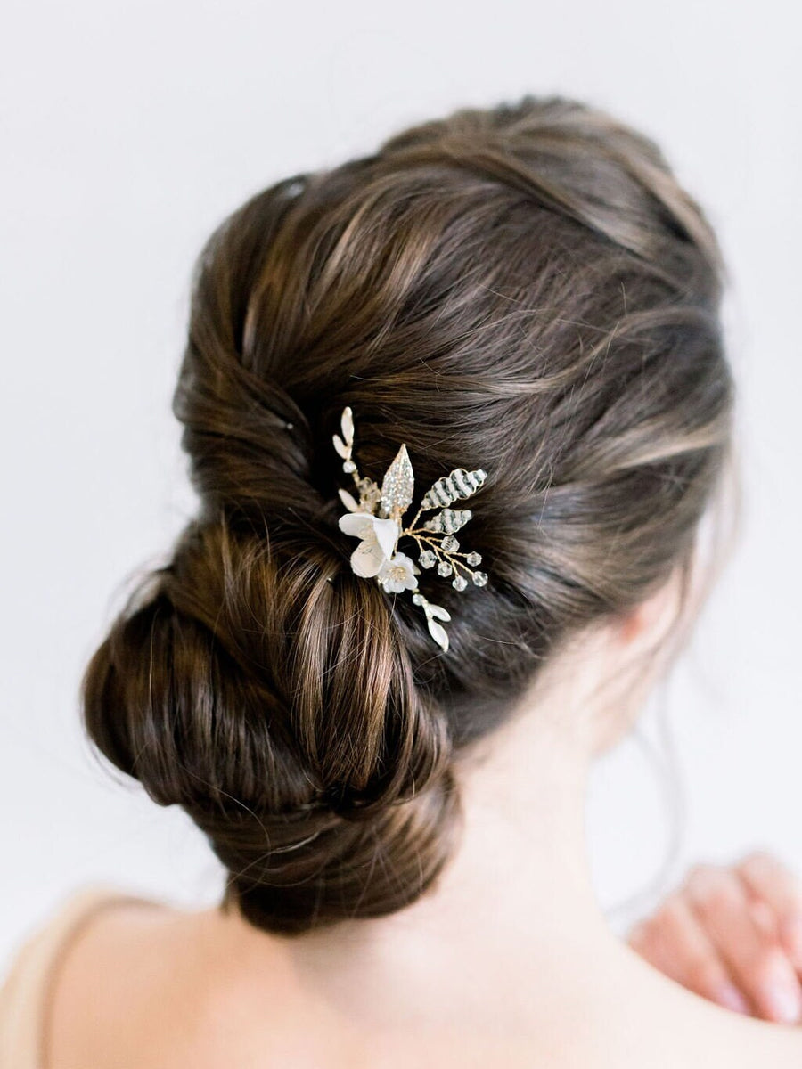 Gold Wedding Hair Pin with Porcelain Flowers, Gold Floral Bridal Hair Pins, Porcelain Flower Wedding Hair Pins - porcelain flowers, metal hair pin, rhinestones, wire, metal leaves, crystals, seed beads