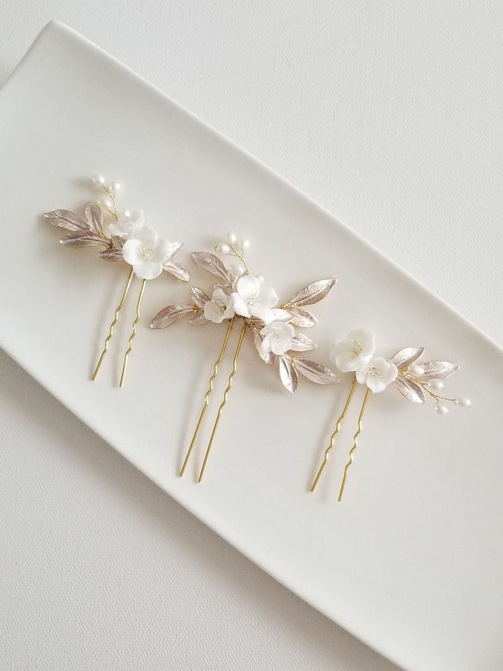 Floral Bridal Hair Pins, Porcelain Flower Hair Accessory, Wedding Hair Pins, Bridal Hair Accessory - porcelain flowers, wire, seed beads, metal leaves, freshwater pearls, 18K gold plated hair pins