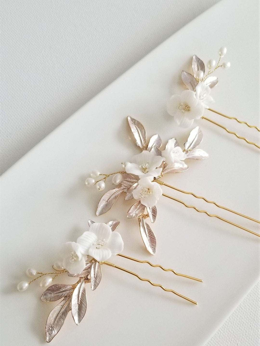 Floral Bridal Hair Pins, Porcelain Flower Hair Accessory, Wedding Hair Pins, Bridal Hair Accessory - porcelain flowers, wire, seed beads, metal leaves, freshwater pearls, 18K gold plated hair pins