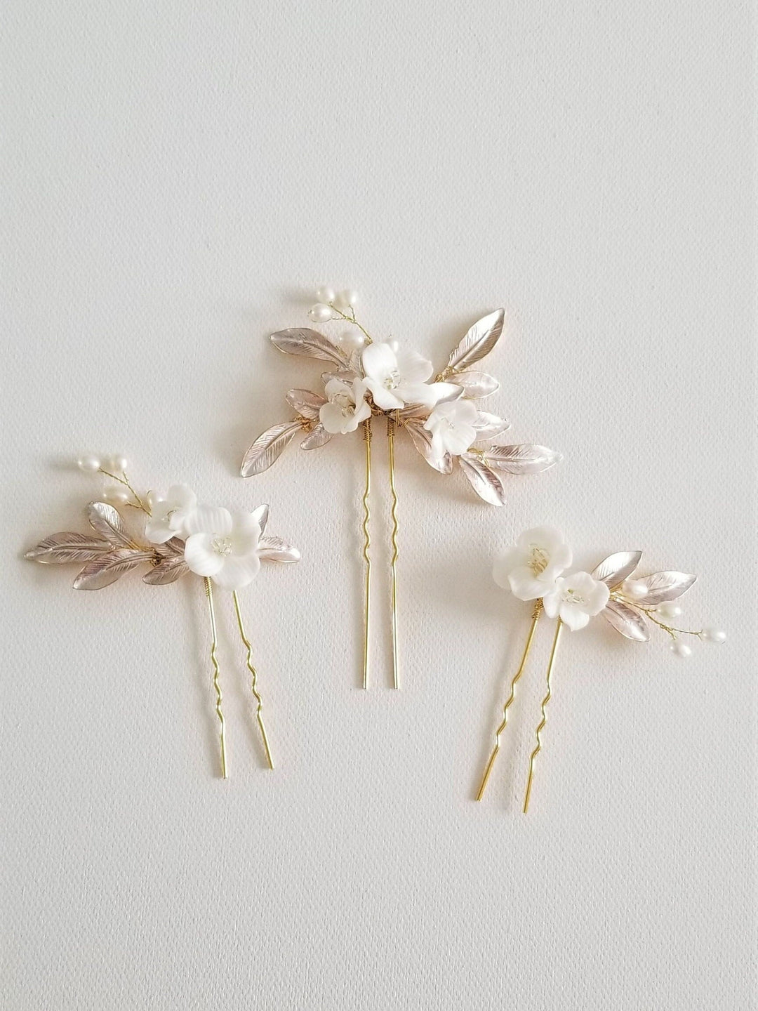 Floral Bridal Hair Pins, Porcelain Flower Hair Accessory, Wedding Hair Pins, Bridal Hair Accessory - porcelain flowers, wire, seed beads, metal leaves, freshwater pearls, 18K gold plated hair pins