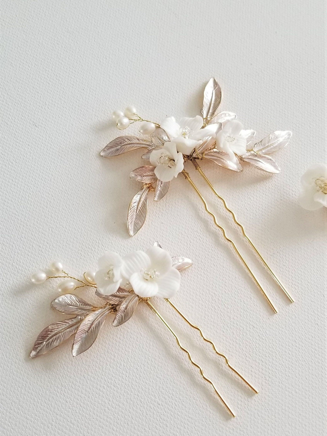 Floral Bridal Hair Pins, Porcelain Flower Hair Accessory, Wedding Hair Pins, Bridal Hair Accessory - porcelain flowers, wire, seed beads, metal leaves, freshwater pearls, 18K gold plated hair pins