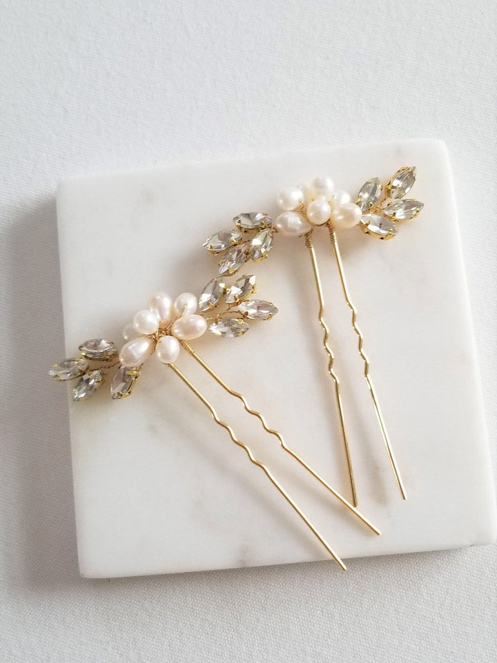 Pearl Wedding Hair Pins, Crystal Bridal Hair Pins, Freshwater Pearl Bridal Hair pins, Pearl Crystal Wedding Hair Pins - freshwater pearls, crystal navettes in settings, wire, U pins