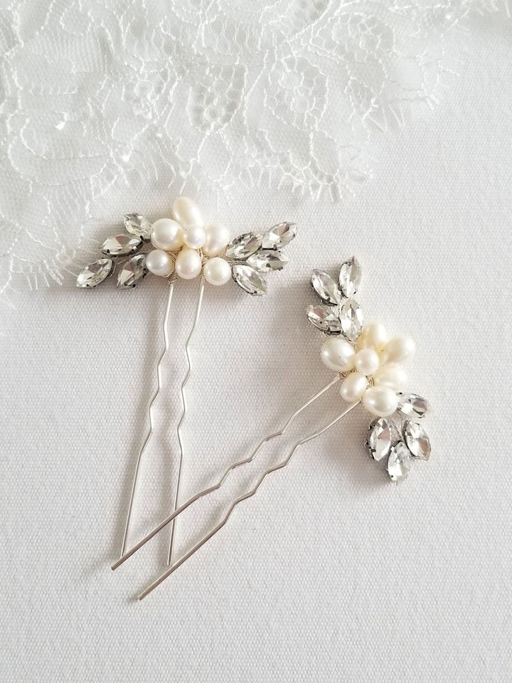 Pearl Wedding Hair Pins, Crystal Bridal Hair Pins, Freshwater Pearl Bridal Hair pins, Pearl Crystal Wedding Hair Pins - freshwater pearls, crystal navettes in settings, wire, U pins