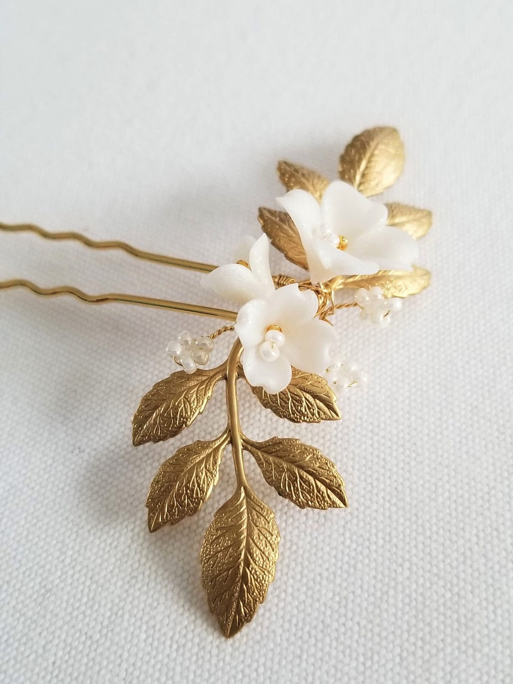 Gold Wedding Hair Pin with Clay Flowers, Gold Floral Bridal Hair Pins, Porcelain Flower Hair Pins - metal hair pin, wire, metal leaves, clay flowers, seed beads