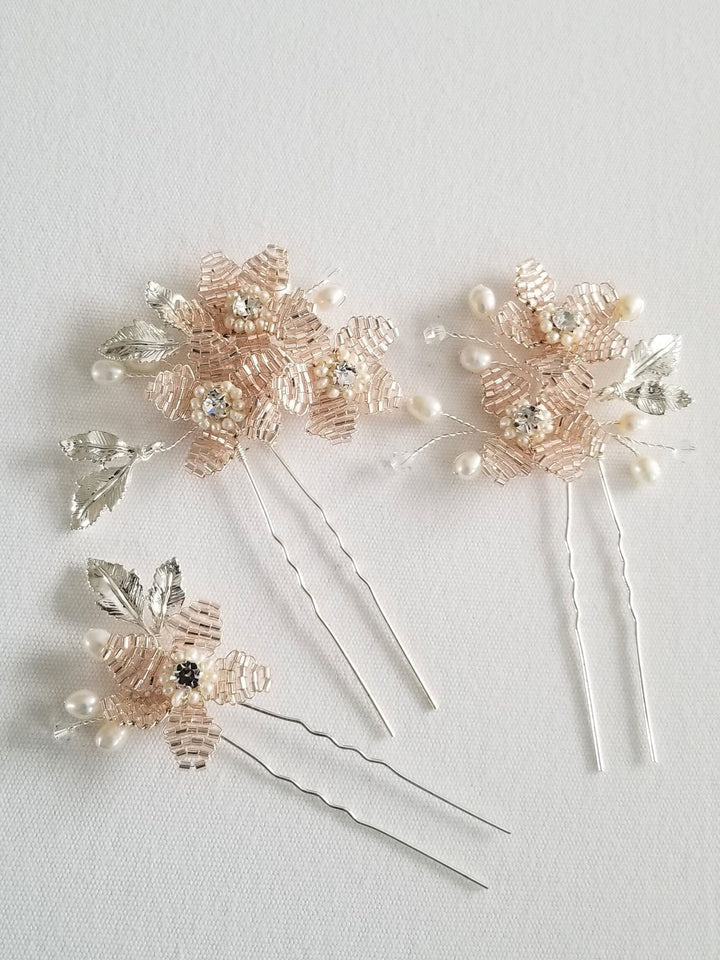 Wedding Hair Pins Silver Blush Pink, Floral Bridal Hair Pins, Freshwater Pearl Wedding Hair Pins - freshwater pearls, wire, rhinestones, metal flower, metal leaves