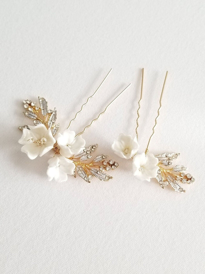 Wedding Hair Pin with Porcelain Flowers, Floral Bridal Hair Pins, Gold Flower Hair Pins For Bride - metal hair pin, wire, seed beads, porcelain flowers, metal leaves