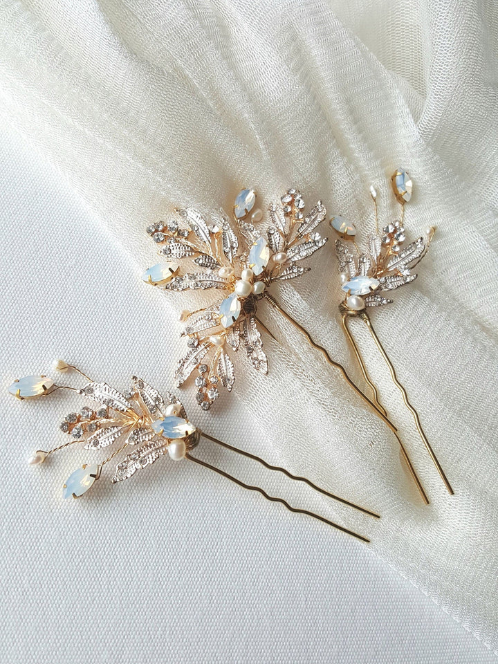 Gold Wedding Hair Pins, Gold Pearl Hair Pins, Pearl Wedding Hair Pins, Crystal Freshwater Pearl, White Opal Crystal Bridal Hair Pins - Metal Hair Pins, Wire, Freshwater Pearls, Navette Rhinestones