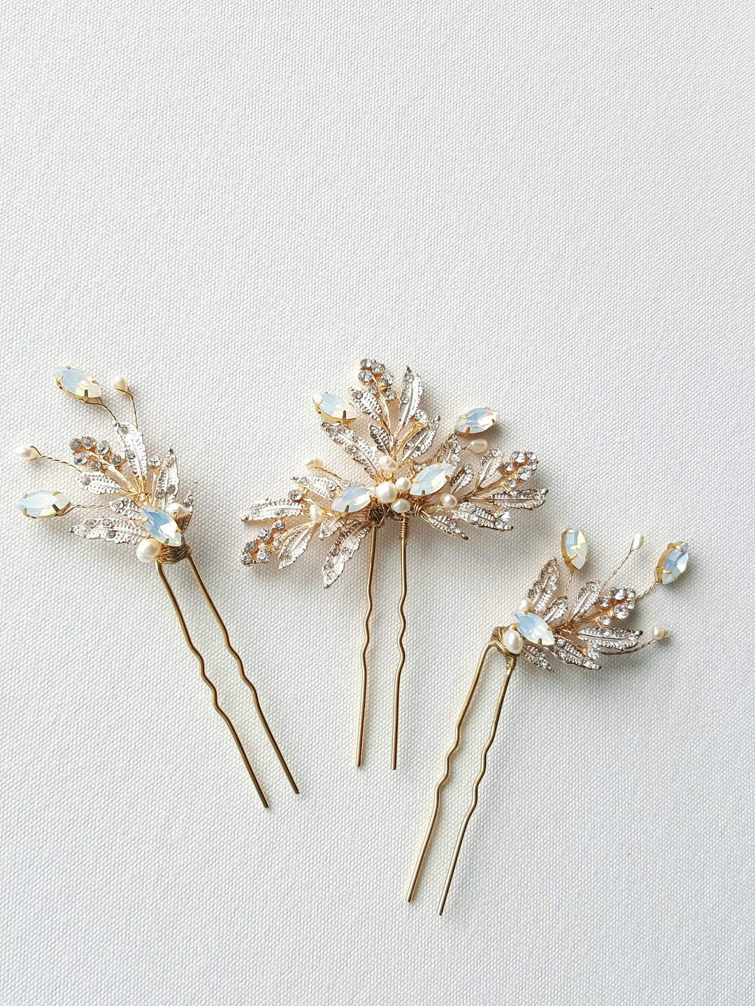 Gold Wedding Hair Pins, Gold Pearl Hair Pins, Pearl Wedding Hair Pins, Crystal Freshwater Pearl, White Opal Crystal Bridal Hair Pins - Metal Hair Pins, Wire, Freshwater Pearls, Navette Rhinestones