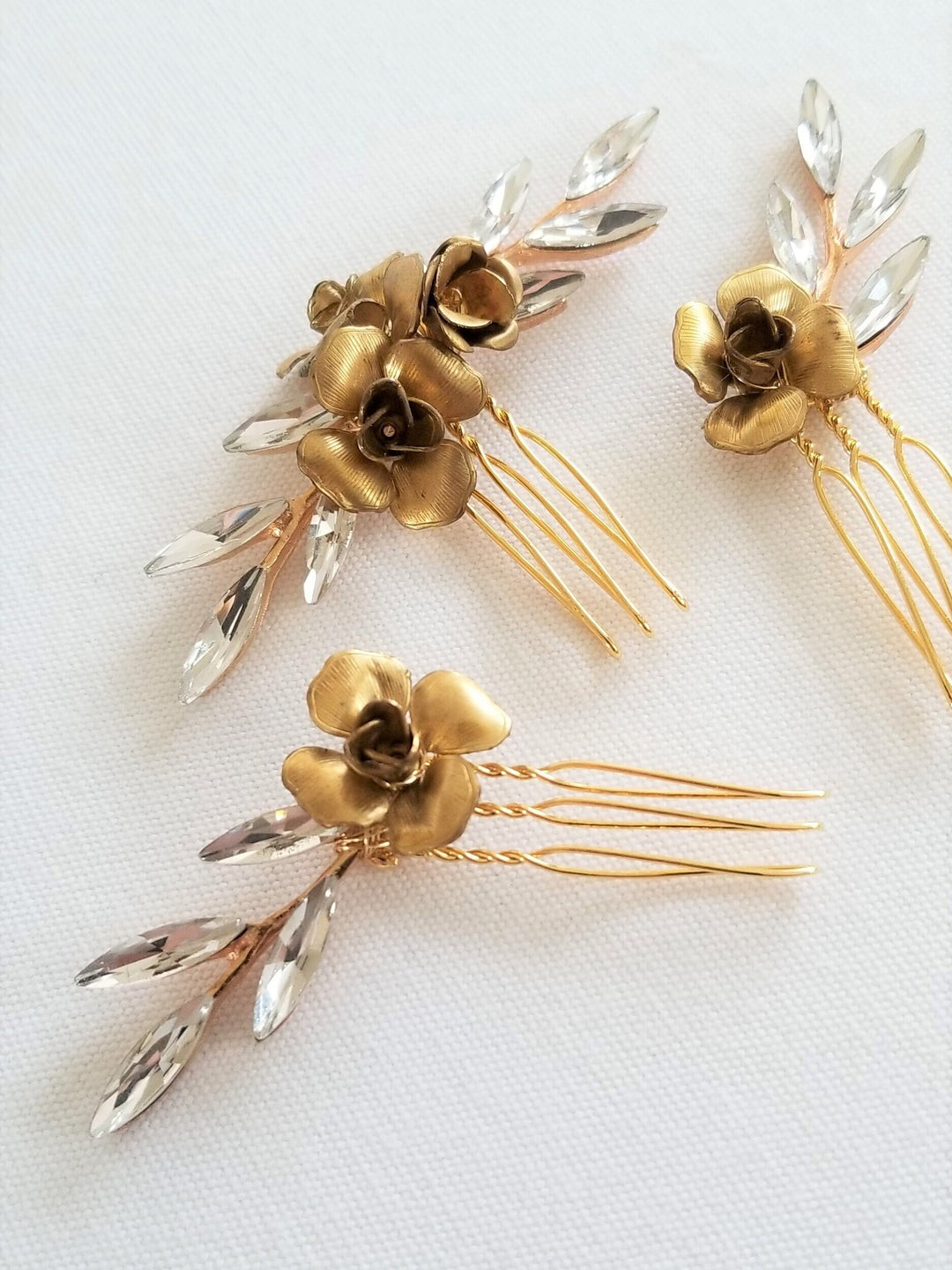 Crystal Gold Bridal Hair Pins, Wedding Crystal Gold Hair Pins, Bridal Hair Pins with Crystal Twigs, Brass Rose Hair Pins For Bride - wire, metal hair pins, crystals, brass roses