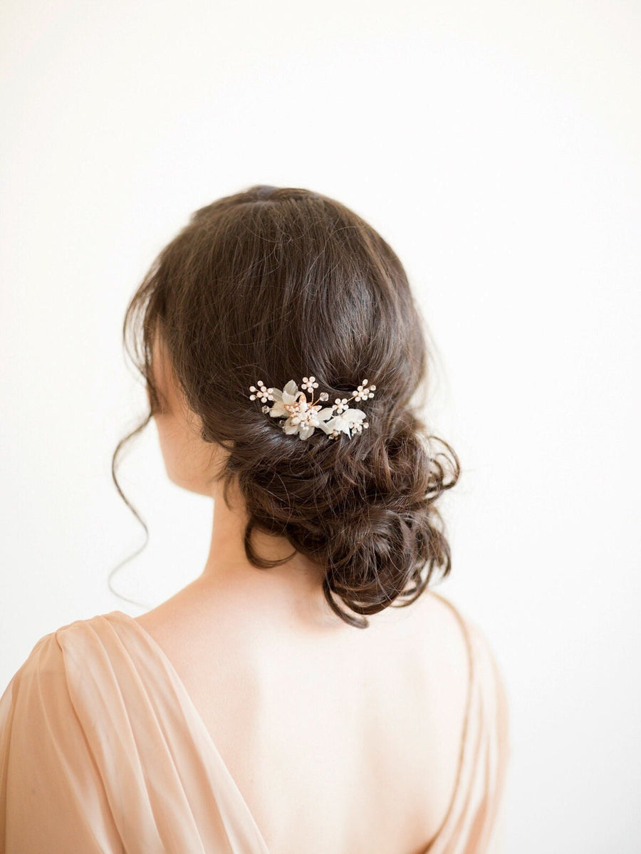 Floral Wedding Hair Pin, Gold Bridal Hair Pin, Silk Flower Hair Pin, Pearl Crystal Hair Pin, Wedding Hair Accessories - wire, rhinestones, metal flower, metal hair pin, pure silk flowers, seed beads, faux pearls