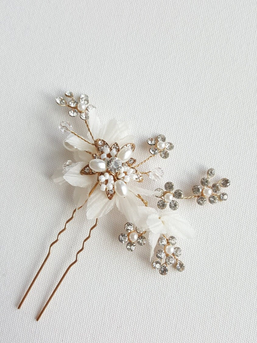 Floral Wedding Hair Pin, Gold Bridal Hair Pin, Silk Flower Hair Pin, Pearl Crystal Hair Pin, Wedding Hair Accessories - wire, rhinestones, metal flower, metal hair pin, pure silk flowers, seed beads, faux pearls