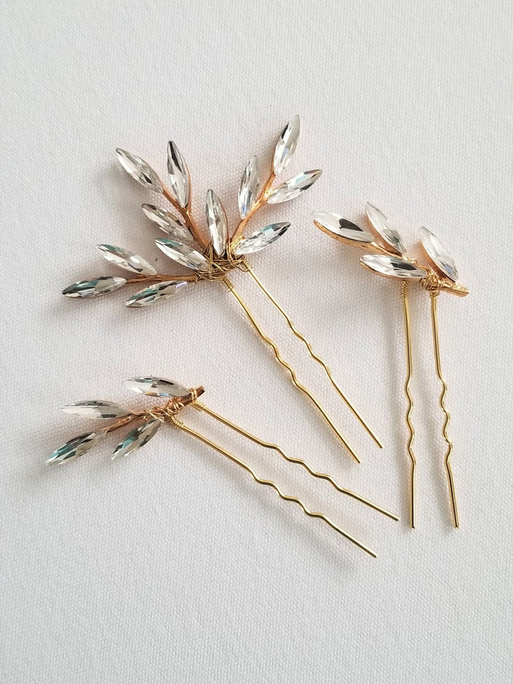 Crystal Gold Bridal Hair Pins, Wedding Crystal Gold Hair Pins, Bridal Hair Pins with Crystal Twigs, Hair Pins For Bride - wire, metal hair pins, crystals