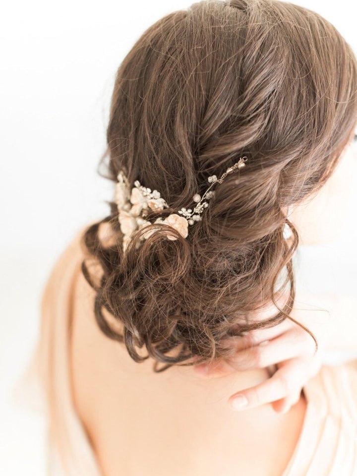 Wedding Floral Hair Vine, Bridal Headpiece, Bridal Hairpiece, Wedding Hair Swag, Champagne Flower Bridal Headpiece, Wedding Hair Pins - wire, crystal rhinestones, crystals, freshwater pearls, seed beads, hair pins, porcelain flowers, metal combs