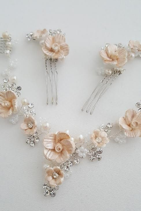 Wedding Floral Hair Vine, Bridal Headpiece, Bridal Hairpiece, Wedding Hair Swag, Champagne Flower Bridal Headpiece, Wedding Hair Pins - wire, crystal rhinestones, crystals, freshwater pearls, seed beads, hair pins, porcelain flowers, metal combs