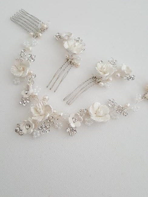 Wedding Floral Hair Vine, Bridal Headpiece, Bridal Hairpiece, Wedding Hair Swag, Champagne Flower Bridal Headpiece, Wedding Hair Pins - wire, crystal rhinestones, crystals, freshwater pearls, seed beads, hair pins, porcelain flowers, metal combs