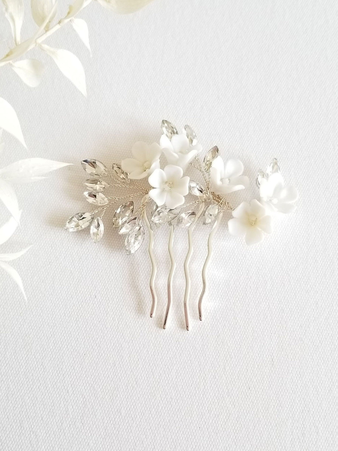 Wedding Hair Comb Porcelain Flowers, Small Silver Floral Wedding Hair Comb, Clay Flower Bridal Hair Comb - seed beads, wire, metal comb, porcelain flowers, rhinestones