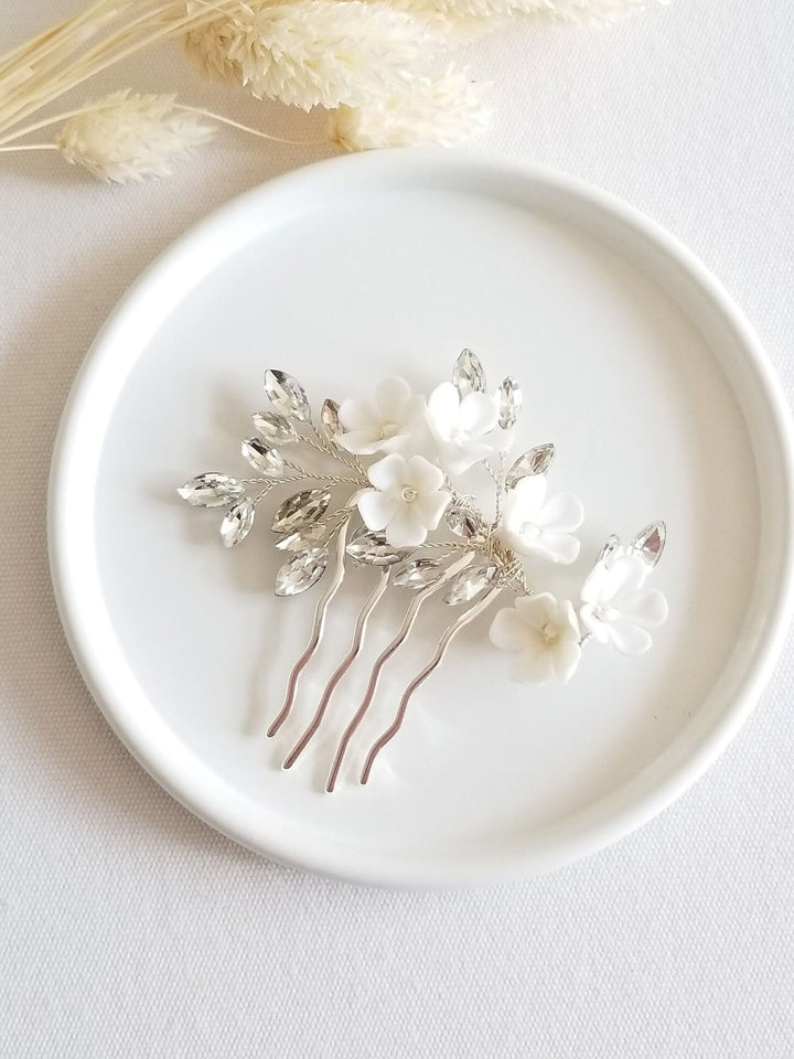 Wedding Hair Comb Porcelain Flowers, Small Silver Floral Wedding Hair Comb, Clay Flower Bridal Hair Comb - seed beads, wire, metal comb, porcelain flowers, rhinestones