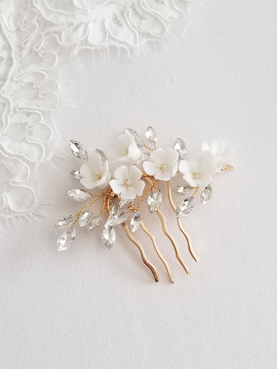 Wedding Hair Comb Porcelain Flowers, Small Silver Floral Wedding Hair Comb, Clay Flower Bridal Hair Comb - seed beads, wire, metal comb, porcelain flowers, rhinestones