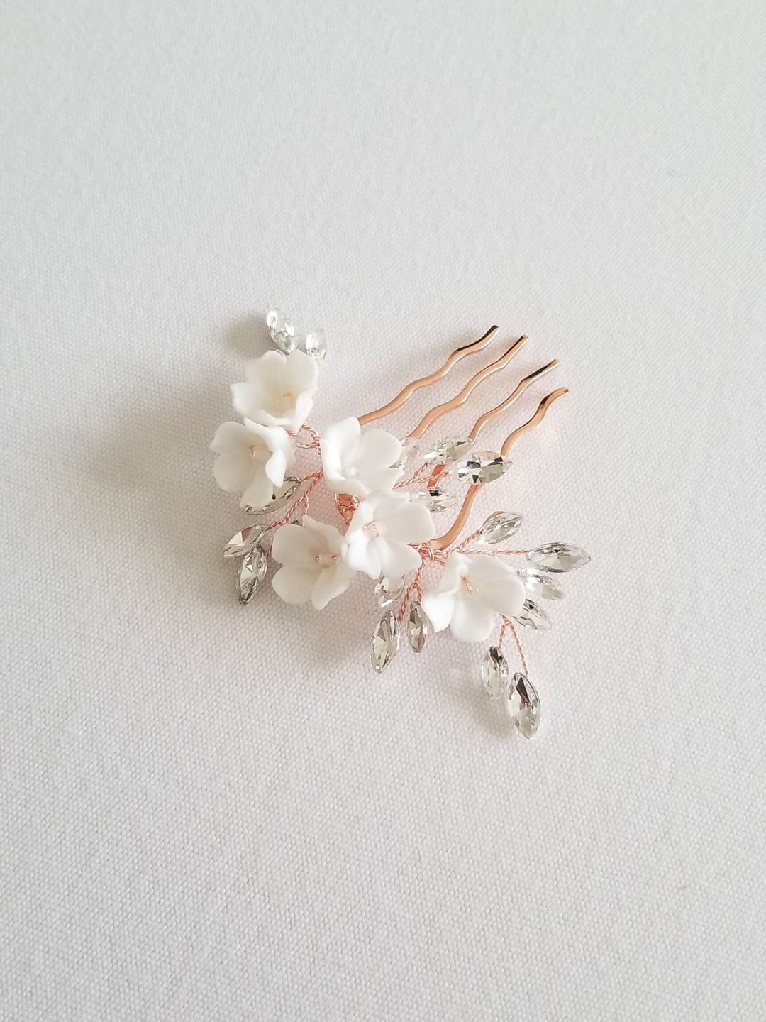 Wedding Hair Comb Porcelain Flowers, Small Silver Floral Wedding Hair Comb, Clay Flower Bridal Hair Comb - seed beads, wire, metal comb, porcelain flowers, rhinestones