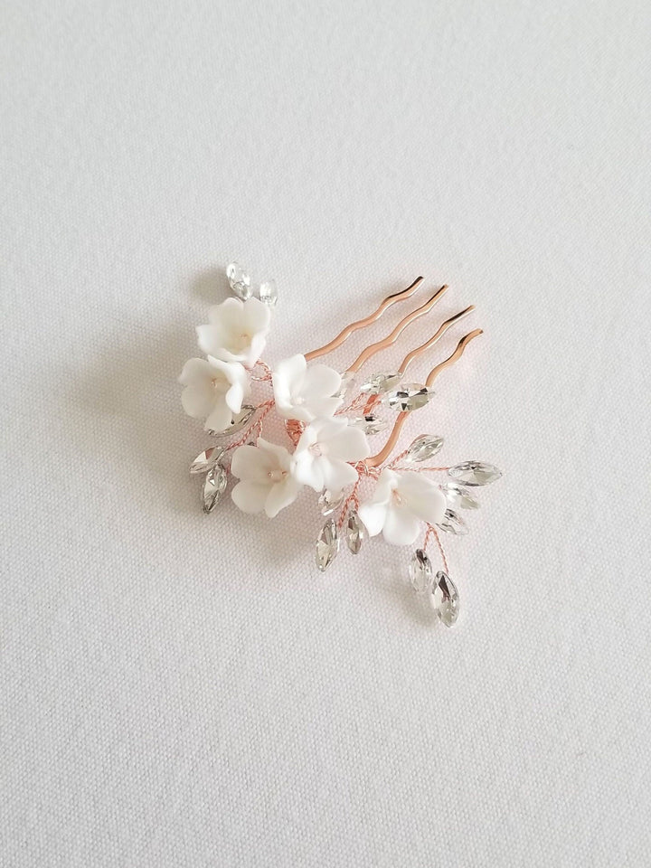 Wedding Hair Comb Porcelain Flowers, Small Silver Floral Wedding Hair Comb, Clay Flower Bridal Hair Comb - seed beads, wire, metal comb, porcelain flowers, rhinestones