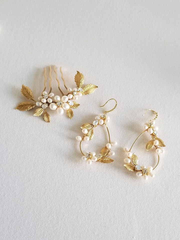 Gold Wedding Hair Comb Earring Set, Small Gold Floral Wedding Hair Comb, Boho Gold Leaf Pearl Bridal Earrings - wire, metal comb, freshwater pearls, brass leaves, white opal crystals