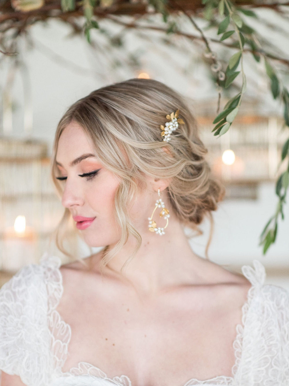 Gold Wedding Hair Comb Earring Set, Small Gold Floral Wedding Hair Comb, Boho Gold Leaf Pearl Bridal Earrings - wire, metal comb, freshwater pearls, brass leaves, white opal crystals